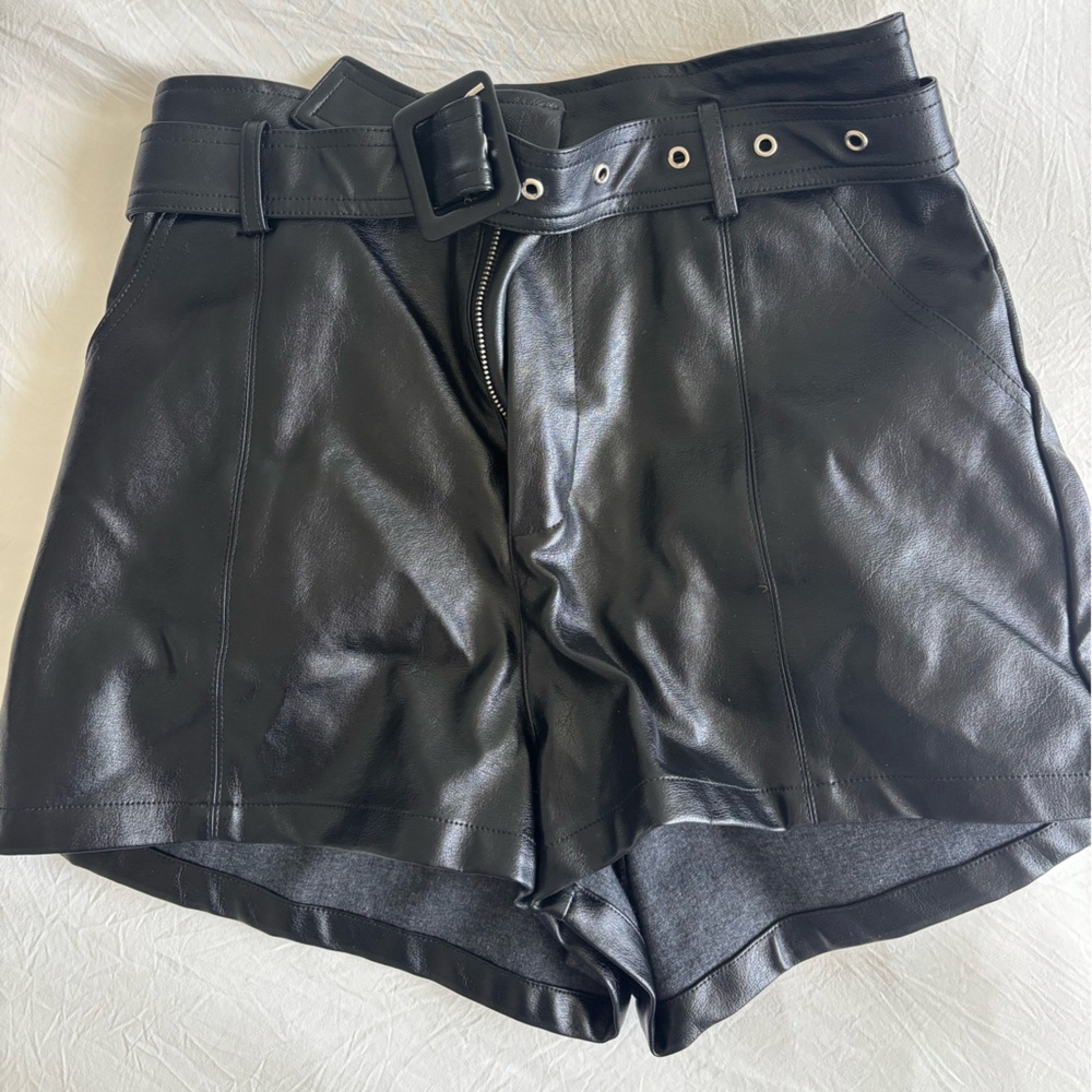 Black belted leather mini shorts